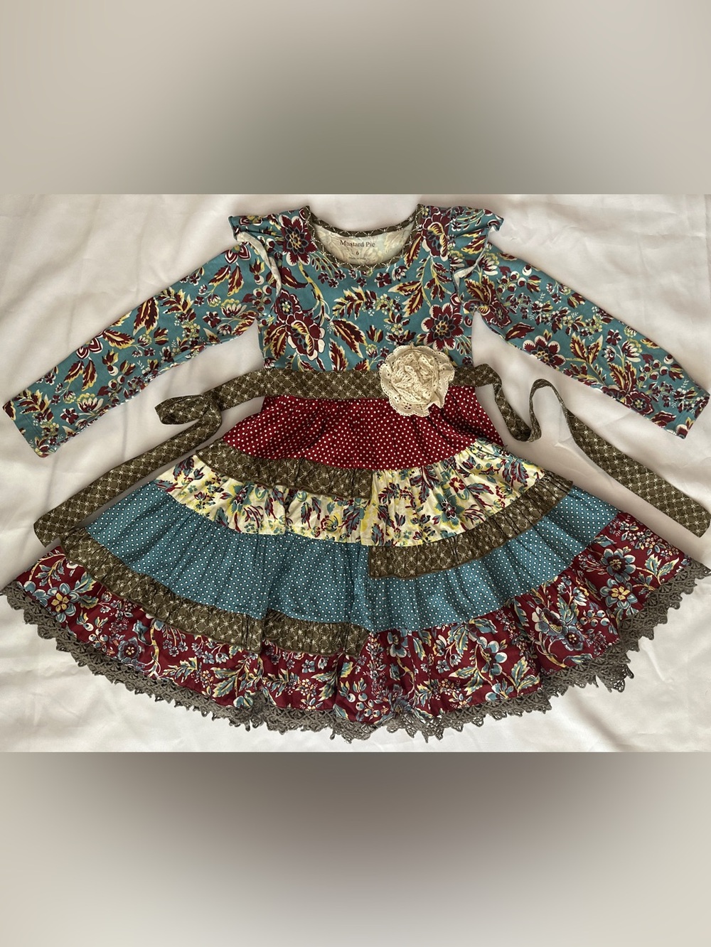 Mustard Pie Teal, Burgundy & Cream Layered Floral Dress with crochet lace trim